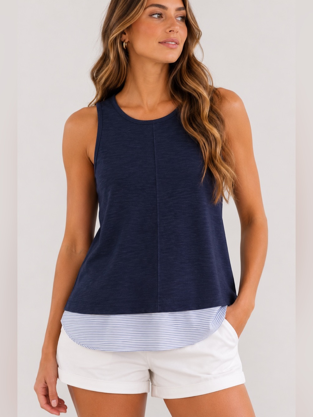J.Crew Factory Navy Layered Tank Top Striped Hem Sleeveless Blouse Small